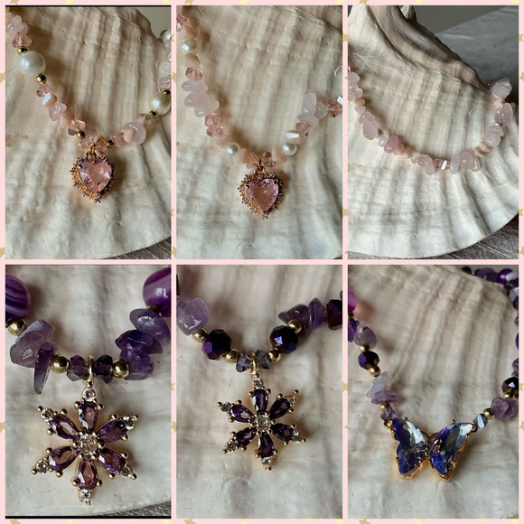 Pink and Purple Heart Shaped Necklaces with natural stones - Picture 1 of 15
